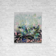 Load image into Gallery viewer, Dawn Chorus original painting by Tania LaCaria displayed hanging on a white brick wall.