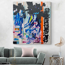 Load image into Gallery viewer, Long Lost original painting by Tania LaCaria shown hanging on a white wall in a living room with a seamoss green velvet sofa and light pink throw pillow.