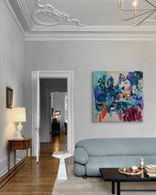 Load image into Gallery viewer, Same Place original painting by Tania LaCaria displayed hanging on a white stucco wall in a century home with a modern soft blue sofa and dramatic door and ceiling moudlings..