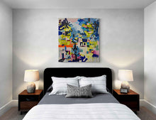 Load image into Gallery viewer, Shrine original painting by Tania LaCaria displayed hanging on a white wall in a bedroom with contemporary furniture, wood side tables with table lamps and white and black striped bedding..