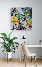 Load image into Gallery viewer, Shrine original painting by Tania LaCaria displayed hanging on a white wall in a home offie with a floor plant and a light wood office chair and white desk.
