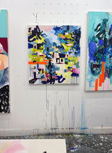 Load image into Gallery viewer, Shrine original painting by Tania LaCaria displayed hanging in the artist's studio between two other colourful paintings that are cropped out of the frame