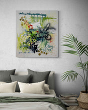 Load image into Gallery viewer, Enouement by Tania LaCaria - painting hanging in a bedroom with a floor plant in view.