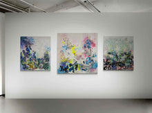 Load image into Gallery viewer, Offbeat original painting by Tania LaCaria shown in the middle of two other works, Whisper on the left side and Dawn Chorus on the right side.