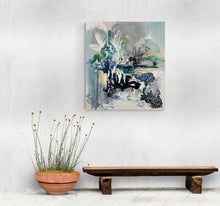Load image into Gallery viewer, Unclear original painting by Tania LaCaria shown hanging in a white room with a wood bench and potted flowers
