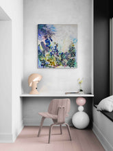 Load image into Gallery viewer, Whisper original painting by Tania LaCaria displayed hanging on a white wall in a room with a small office desk and wood modern chair.