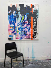 Load image into Gallery viewer, Long Lost original painting by Tania LaCaria hanging on a white wall in the artist&#39;s studio with a black modern chair in the foreground

