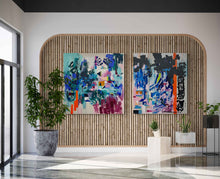 Load image into Gallery viewer, Same Place original painting by Tania LaCaria displayed hanging on a slatted wood wall in a hotel lobby. The painting on the right hand side is called Long Lost, another original painting by Tania LaCaria.
