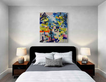 Load image into Gallery viewer, Shrine original painting by Tania LaCaria displayed hanging on a white wall in a bedroom with contemporary furniture, wood side tables with table lamps and white and black striped bedding..

