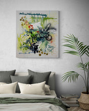 Load image into Gallery viewer, Enouement by Tania LaCaria - painting hanging in a bedroom with a floor plant in view.
