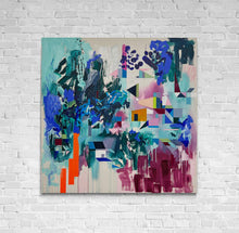 Load image into Gallery viewer, Same Place original painting by Tania LaCaria displayed hanging on a white brick wall.

